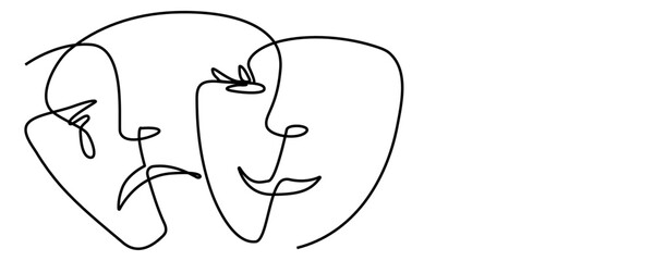 Continuous lines, sad face and happy smile. social expression