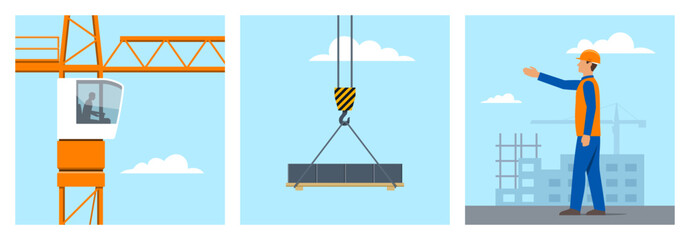 Construction site with builder and tower crane lifting a load. Vector illustration