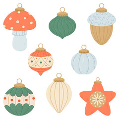Set of vintage Christmas tree decorations in flat cartoon style.