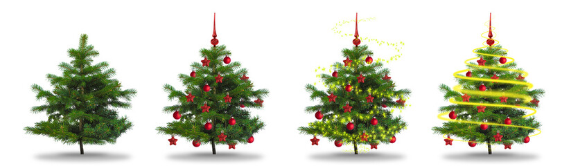Banner of four Christmas trees with and without decoration on a white background. Winter holidays...