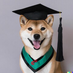 Portrait of a cute red Shiba Inu dog wearing a graduation cap