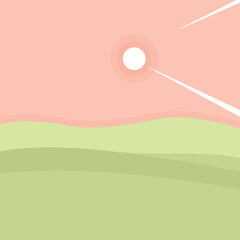 Vector illustration: spring green  forest around, nature tourism landscape illustration isolated, pink sky. Geometric illustration