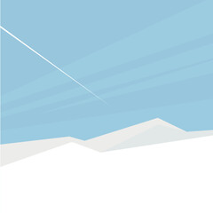 Vector illustration: Winter landscape with mountains, sun, sky, plane and snow. Geometric illustration.