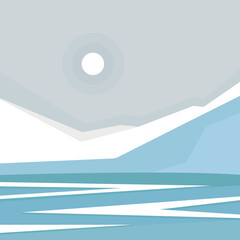 Vector illustration: Winter landscape with mountains, sun, river and snow. Geometric illustration.