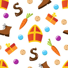 Simple bright colorful vector seamless pattern. Celebration of Saint Nicholas Day, Sinterklaas. Red miter, shoes, carrots, gifts and cookies on a white background.