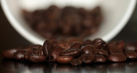 Closeup of the coffee beans on the table.
