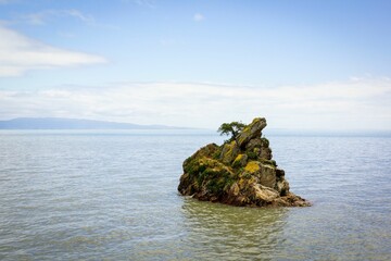 Aerial view of a pile of rocks in the Firth of Thames in New Zealand
