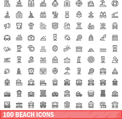 100 beach icons set. Outline illustration of 100 beach icons vector set isolated on white background