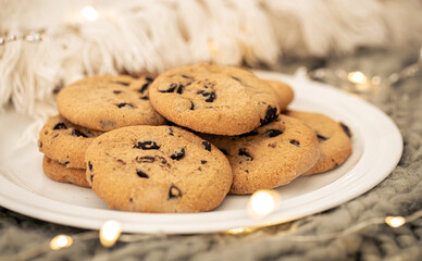 Cookies with chocolate chips close-up on a plate.