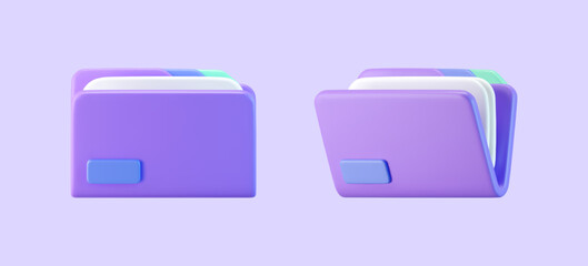 3d purple computer file folder icon with blank document isolated on gray background. Render folder with paper for management file concept. 3d cartoon simple vector illustration.