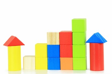 Closeup of colorful wooden blocks for children on a white background