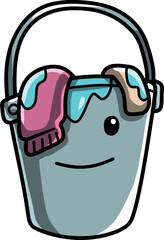 Design of a metal bucket with wet clothes, with cute face isolated on white background