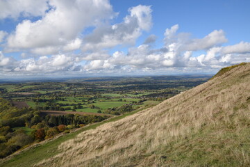 Naklejka premium the views from the top of British camp hill fort, at the top of Malvern on a sunny day at the start of autumn 