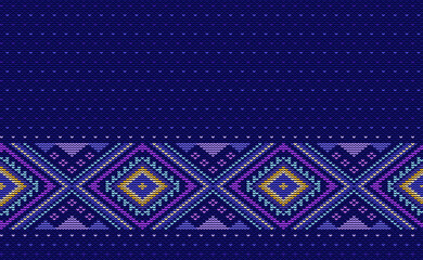 Knitted ethnic pattern, Vector cross stitch square background, Embroidery traditional antique style, Blue pattern tribal fashion, Design for textile, fabric, clothing, digital print, wall art