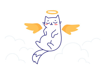 Vector illustration of flying cute cat character with nimbus on white background with cloud. Flat line art style design of animal cat with wing