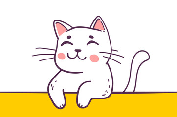 Vector illustration of happy cute cat character on white color background. Flat line art style design of smile animal cat