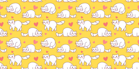 Vector illustration of happy cute cat character on yellow color background and heart. Flat line art style design of seamless pattern with different cute animal cat