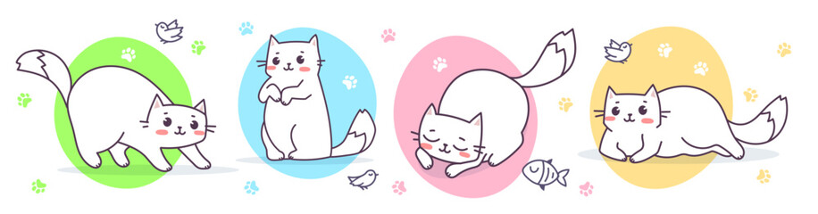 Vector set of illustration of happy cute cat character with bird and fish on color background. Flat line art style design of animal cat in different pose