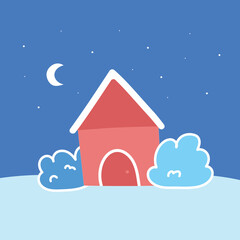 Cute winter landscape. Winter banner. Winter walk. Lovely house in a snowy valley. Landscape in cartoon style. Cute house with a moon and stars in the snow. Children's drawing