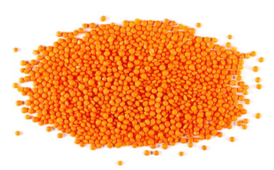 Pile red lentils isolated on white background, top view, clipping path 