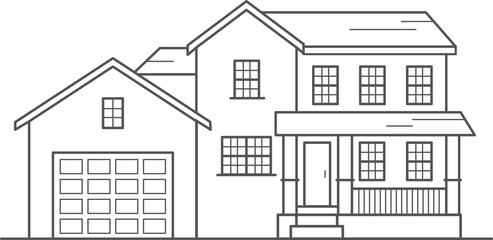 Cottage of neighborhood the city, the house of the suburbs residential area. Low-rise building of the village. Outline illustration.