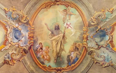 Schilderijen op glas VARALLO, ITALY - JULY 17, 2022: The baroque ceiling fresco of Resurrection of Jesus in the church Collegiata di San Gaudenzio by Carlo Bartolomeo Borsetti (1702). © Renáta Sedmáková