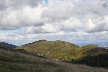 the views from the top of British camp hill fort, at the top of Malvern on a sunny day at the start of autumn 