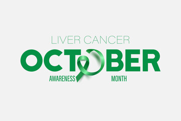 October. Liver Cancer Banner, Card, Placard with Vector 3d Realistic Emerald Green Ribbon on White Background. Liver Cancer Awareness Month Symbol Closeup. World Liver Cancer Day Concept