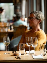 Vertical shot of a Caucasian woman sitting in a restaurant and glass of wine on the table