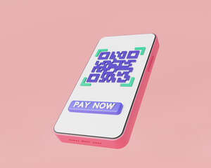 QR code scanning in smartphone. Scanning payment verification, payment transaction, scan QR code, online shopping, money transfer, online payment. 3d rendering illustration. Cartoon minimal style