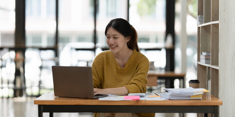 Smart asian business woman smiling at office space. real estate, lawyer, non-profit, marketing,...