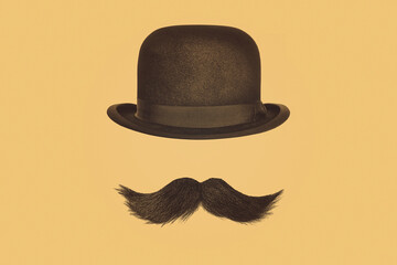 Vintage bowler hat with black curly moustache on a sepia brown background