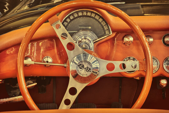 Dashboard of a Chevrolet Corvette Convertible classic car in Essen, Germany on March 23, 2022