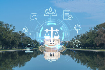 Iconic Lincoln Memorial, Washington DC, USA. Seen from reflecting pool. American politics, governmental bodies. Glowing hologram legal icons. The concept of law, order, regulations and digital justice