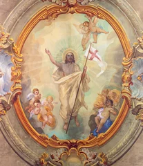 Fotobehang VARALLO, ITALY - JULY 17, 2022: The baroque ceiling fresco of Resurrection of Jesus in the church Collegiata di San Gaudenzio by Carlo Bartolomeo Borsetti (1702). © Renáta Sedmáková