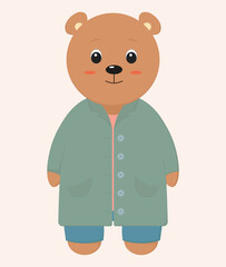 Fototapeta na wymiar Little bear in autumn clothes. Dressed in a coat, pants, t-shirt Vector object.