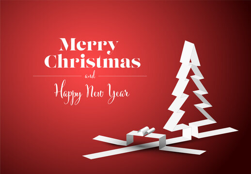 Merry Christmas card with a white tree and gift box made from paper stripes on red background