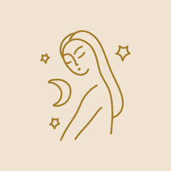 Boho sacred magic line art minimalist woman icon, modern abstract silhouette isolated on color background. Mystical flat art girl, symbol of holistic medicine, meditation, reiki, wellness, new age