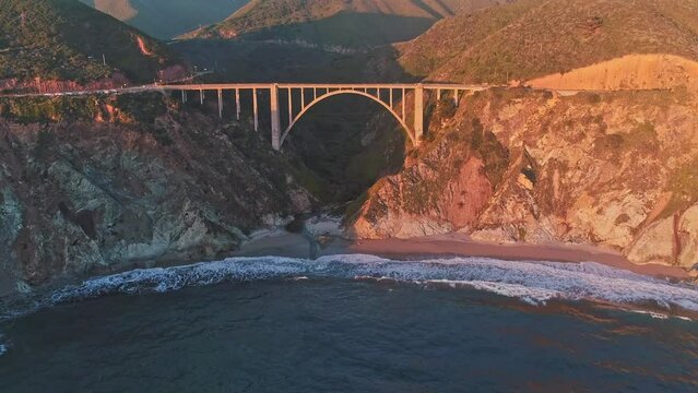 Drone footage of aesthetic designed Bixby Creek Bridge,an arch bridge on Big Sur coast of California