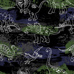 Seamless vector pattern of funny dinosaurs. Grunge childish background for textiles, fabrics. Texture with animals of the Jurassic period. Funny dino silhouettes. Wallpaper from prehistoric lizards.