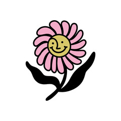 Groovy smiley face blossom hippie flower isolated face, vintage hippie bright color floral motif. Modern trendy contemporary fashion boho design. Stylized colorful element on white background.
