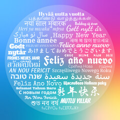 Composition of "Happy New Year" greeting messages in world different written languages, White texts on colorful gradient background