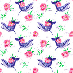 Hand drawn watercolor pattern of whales. Aquerl whale and peonies. Whale fabric print. Undersea world. Artistic Ocean. Sea creatures. Ocean. Sea. Home textiles.