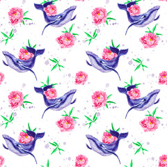 Fototapeta premium Hand drawn watercolor pattern of whales. Aquerl whale and peonies. Whale fabric print. Undersea world. Artistic Ocean. Sea creatures. Ocean. Sea. Home textiles.