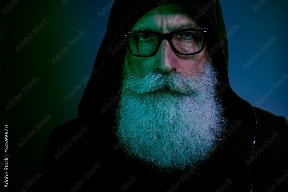 Wall mural Close up photo of scary senior man negative bad personage hate people winter holiday celebration isolated on dark gradient color background