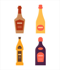 Bottle of whiskey, champagne, beer, cream. Icon bottle with cap and label. Great design for any purposes. Flat style. Color form. Party drink concept. Simple image shape
