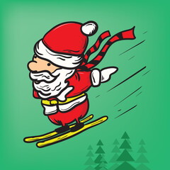 Santa skiing down a mountain on green background color