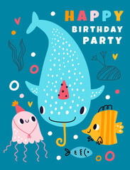Birthday party invitation design. Cute baby shark © VectorBum