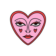 Bizarre Valentines day heart modern abstract face. Groovy emoji shape. Funky hippie mad weird 60s 70s sixties retro cartoon doodle style trendy fashion art. Illustration isolated on white background