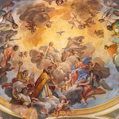 VARALLO, ITALY - JULY 17, 2022: The ceiling fresco Glory of Evangelists and St. Gaudentius in the...